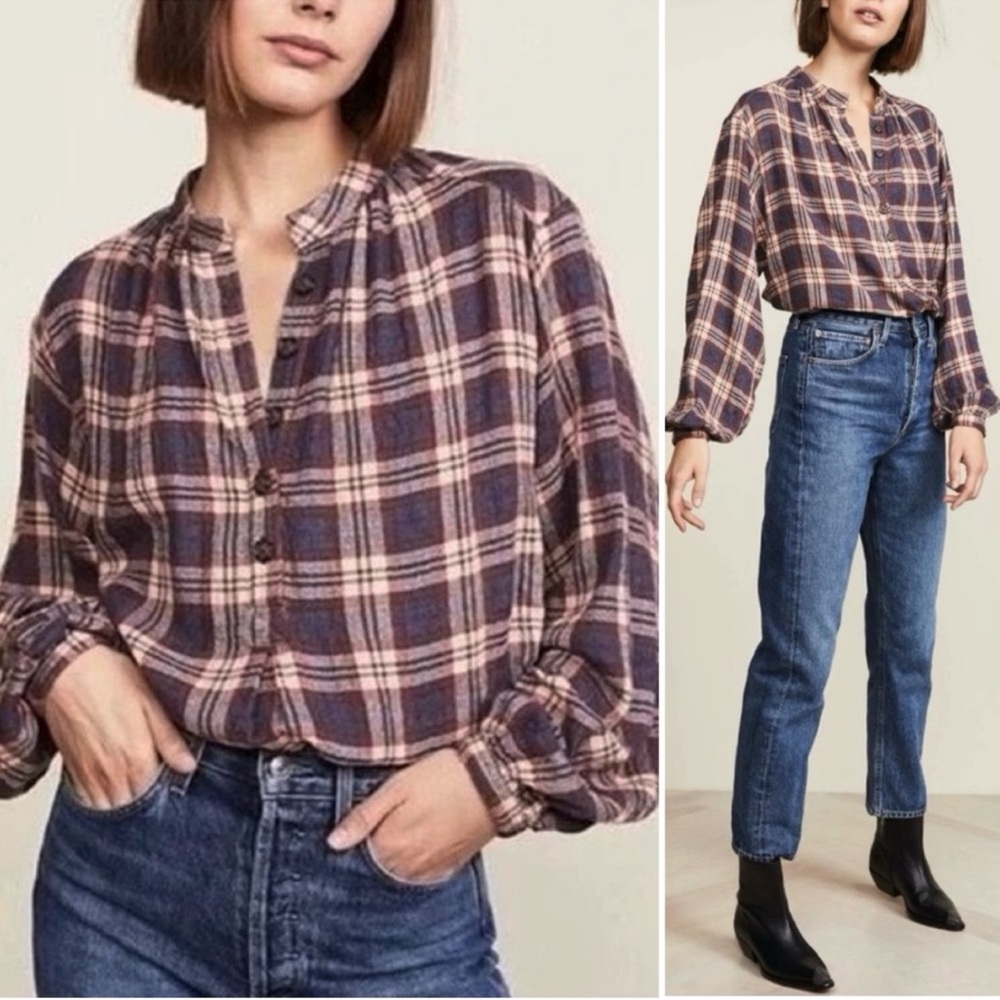 Free People Northern Bound Plaid blouse long sleeve flannel top sz large - Picture 10 of 12
